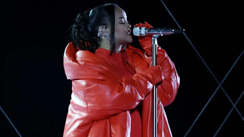 Rihanna is pregnant with her second baby in Super Bowl halftime show (Image credit: Just Jared)