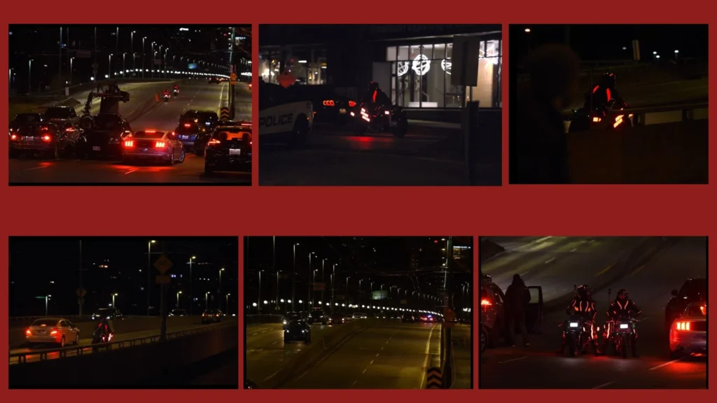 Photos of the filming of _Tron_ Ares_ on Friday, March 15 at 7 pm on Cambie Bridge