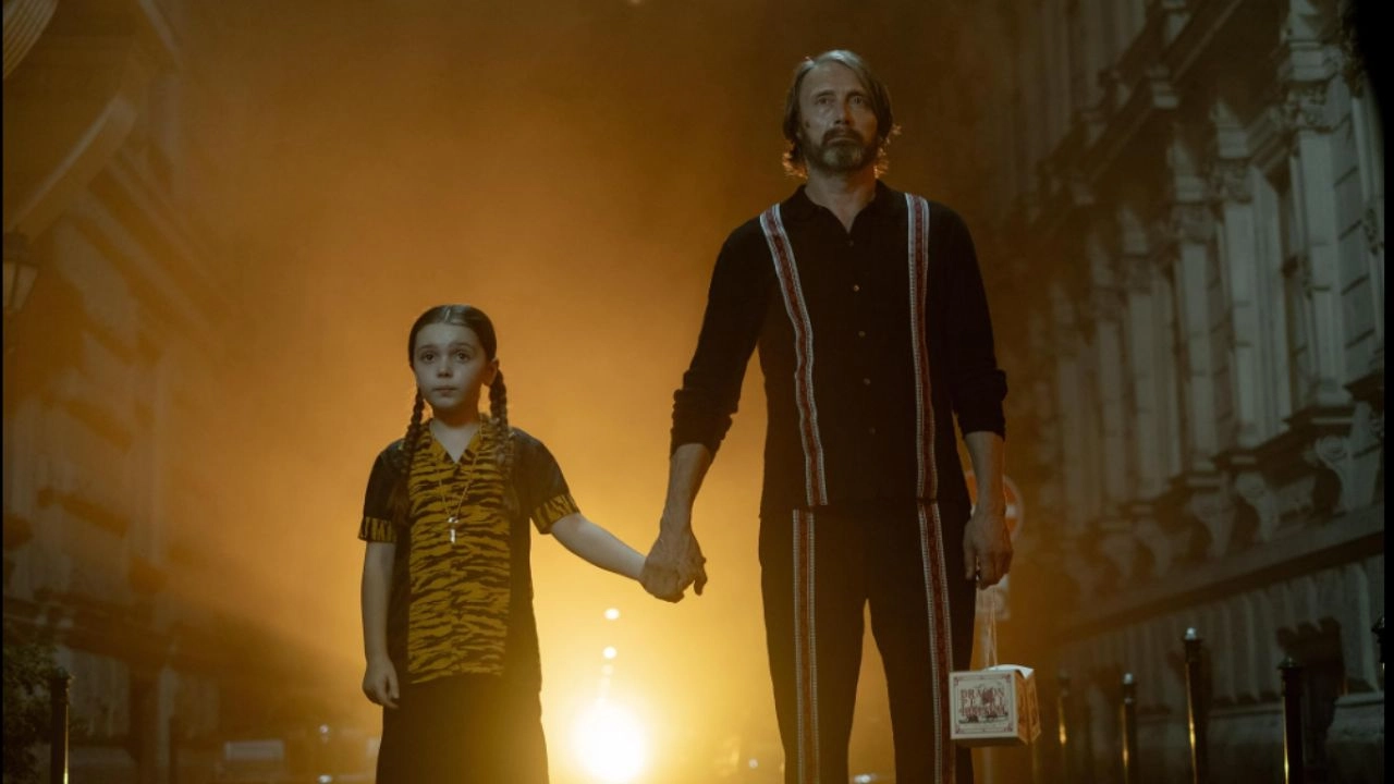 Mads Mikkelsen and Sophie Sloan in Dust Bunny (2025)