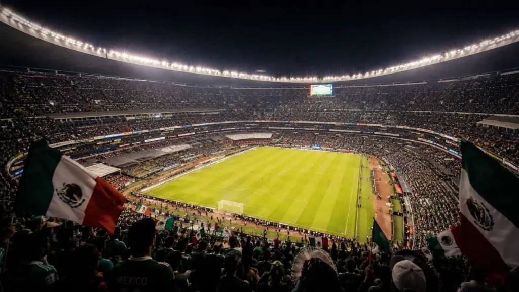 Estadio Azteca packed to the rafters under stadium lights, green pitch glowing, Mexican flags in the crowd