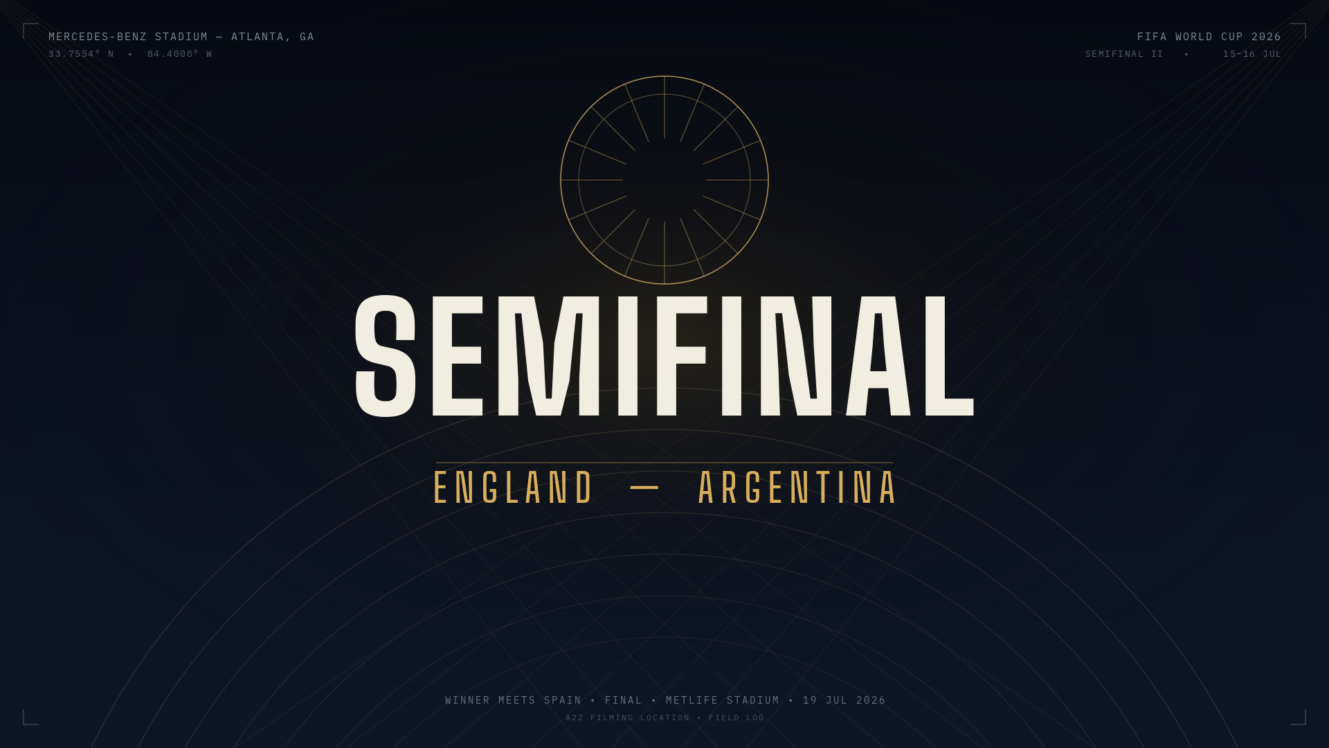 Mercedes-Benz Stadium Atlanta graphic marking the FIFA World Cup 2026 semifinal between England and Argentina