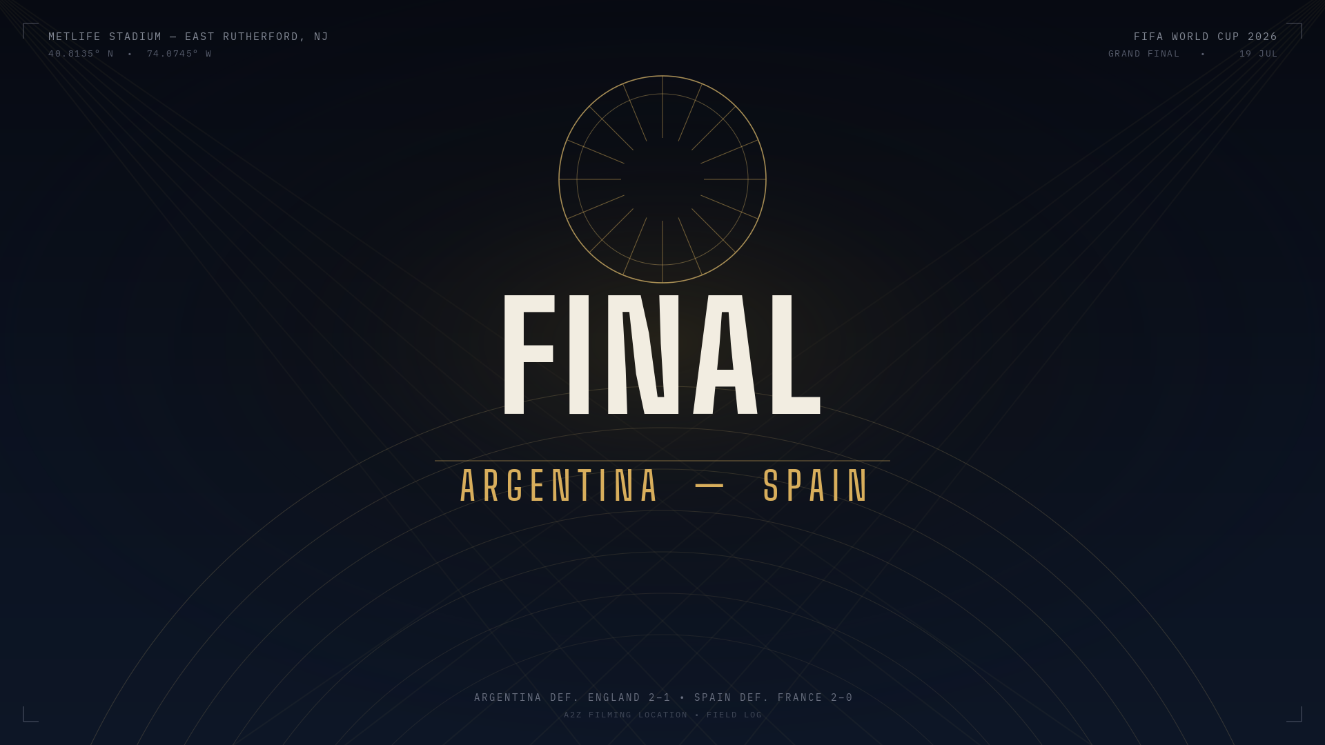 MetLife Stadium graphic marking the FIFA World Cup 2026 final between Argentina and Spain